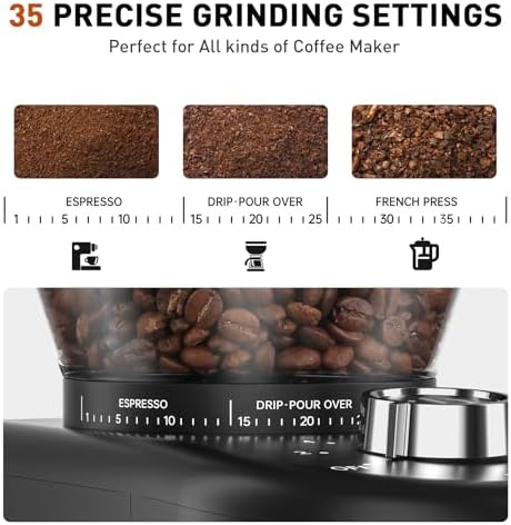 Secura Stainless Steel Conical Burr Coffee Grinder – 35 Grind Settings, 2-12 Cup Capacity, 8.8 oz Bean Storage, One-Touch Operation - Image 2
