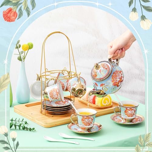 Zhehao 20 Pcs Porcelain Tea Set for Adult, with Metal Holder, Retro - Image 3