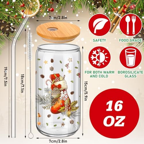 6 Set Christmas Glasses Cups with Bamboo Lid and Glass Straw 16 oz Vintage Christmas Drinking Cup Red Santa Beer Iced Coffee Cup Xmas Tumbler Mugs for Women Men Holiday Party Office Gifts - Image 2