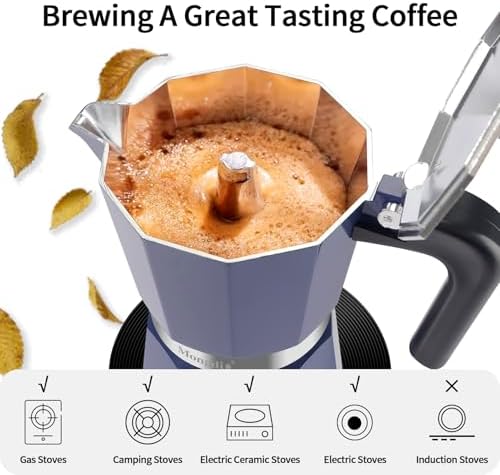 Mongdio Stovetop Espresso Maker Moka Pot, Stove Top Cuban Coffee Maker, Italian Greca Mocha Pot, 12 Espresso Cups, 20 oz - Blue - Image 4