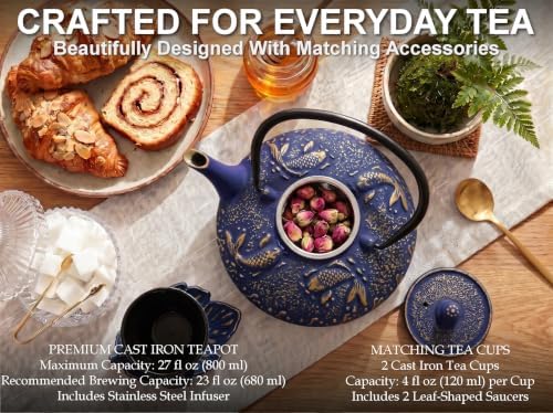 Midnight Blue Koi Cast Iron Tea Set, 2 Cups, 2 Saucers, Infuser & Trivet - Image 6