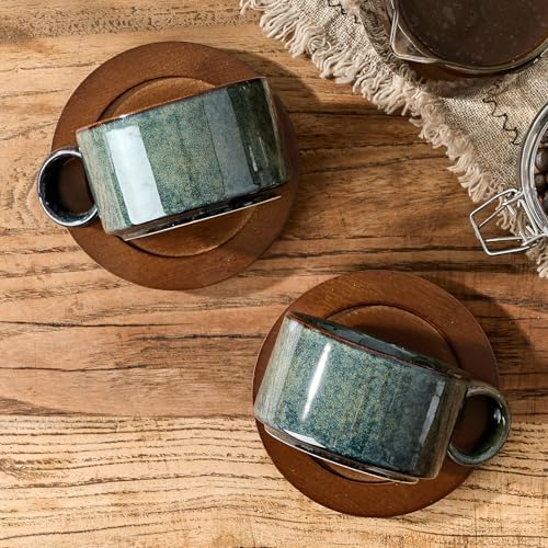 LUKA 6 Ounce Porcelain Stackable Espresso Cups with Saucers and Metal Stand Set of 4, Ceramic Cappuccino Cups Set for Specialty Coffee Drinks, Latte, Cafe Mocha and Tea, Kiln Tide Glaze - Image 2