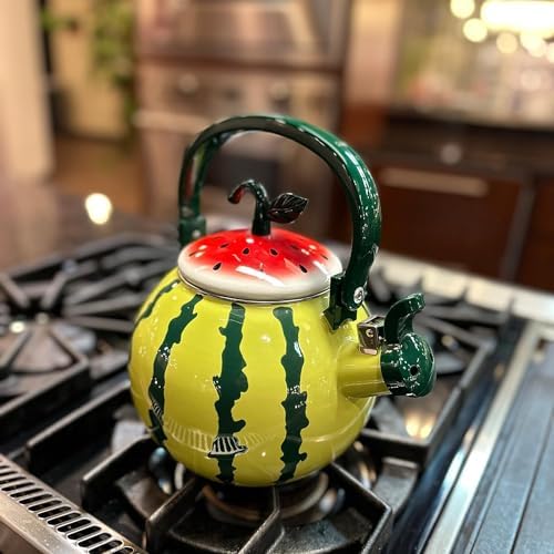 UPware Enamel on Steel Whistling Tea Kettle, Stovetop Teakettle (1.6 Quart, Watermelon) - Image 2