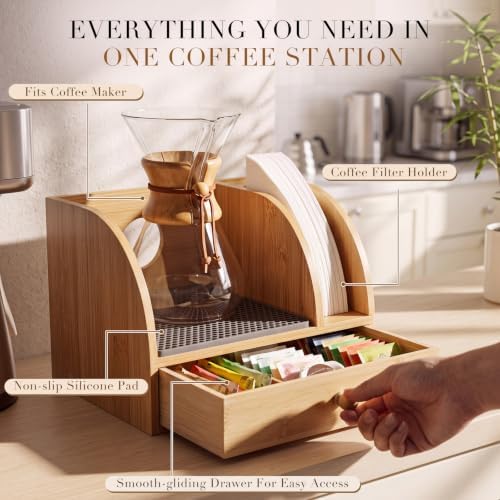 Geelin Bamboo Coffee Pour over Caddy, Wood Coffee Bar Station Organizer Stand with Drawer, Filter Holder and Heatproof Mat for Kitchen Counter Bar Home - Image 4