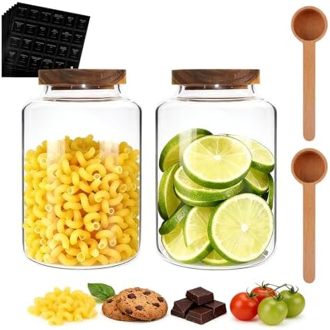 67 oz Glass Food Storage Jar with Wood Lids Spoon Set of 2,Glass Canister Borosilicate Glass Food Containers for Ground Coffee Beans Nut Pasta Sugar Candy Spice Rice Tea (2000ml/67oz-2 Pack) - Image 4