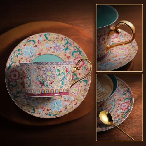 Enamel Floral Porcelain Coffee Mug Set of 2 with Matching Saucers - Image 4