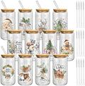 Teenyyou 12 Sets of Christmas Glasses Cups with Bamboo Lid and Glass Straw 16 oz Christmas Stripes Glass Jar Winter Drinking Cups Santa Snowman Elk Coffee Cup for Women Men Xmas Holiday Party Gifts by Teenyyou