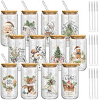 Teenyyou 12 Sets of Christmas Glasses Cups with Bamboo Lid and Glass Straw 16 oz Christmas Stripes Glass Jar Winter Drinking Cups Santa Snowman Elk Coffee Cup for Women Men Xmas Holiday Party Gifts by Teenyyou