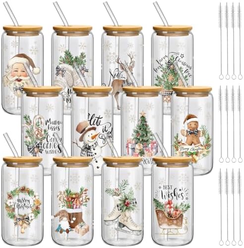 Teenyyou 12 Sets of Christmas Glasses Cups with Bamboo Lid and Glass Straw 16 oz Christmas Stripes Glass Jar Winter Drinking Cups Santa Snowman Elk Coffee Cup for Women Men Xmas Holiday Party Gifts by Teenyyou