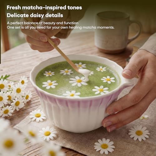 Matcha Whisk Set, Matcha Kit 5 Pcs, Daisy Matcha Bowl and Whisk Set with Sifter, Holder & Scoop，Japanese Ceremony Matcha Tea Making Tools, Complete Starter Set for Beginners, Purple - Image 3