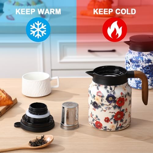 LemonRoad 2 Pcs 35 oz Vintage Floral Pattern Tea Pot with Infuser | Stainless Steel Insulated Tea Pot with Lid and Wooden Handle Thermal Carafe for Hot Drinks Coffee(White, Blue and White Porcelain) - Image 5
