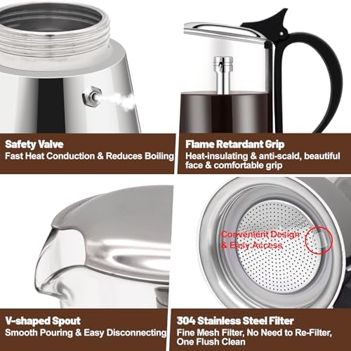 6 Cup Glass Transparent Moka Pot Stainless Steel Uncoated Stovetop Espresso Maker Italian Coffee Makers Mocha Greca Machine Cafe Classic Induction Cookers for Home Camping 350ml - Image 6