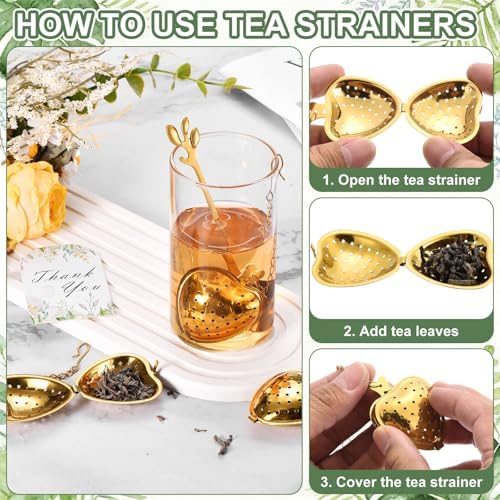 uxcell 25 Set Bridal Shower Tea Party Favor for Leaf Spoon Heart Shape Infuser Ball with Thank You, Card Mesh Bag, for Wedding Souvenir Gift, Tea Accessories, Return Gift, Gold - Image 6