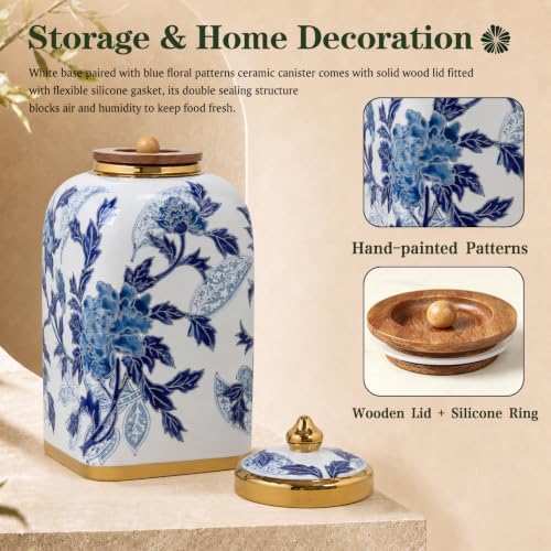 12.5" H Ceramic Kitchen Canisters for Countertop, Tea & Coffee Bean Storage Canister with Airtight Lid, Blue and White Chinoiserie Decor Ginger Jar for Home Decor, 155 fl oz - Blue Peony - Image 3