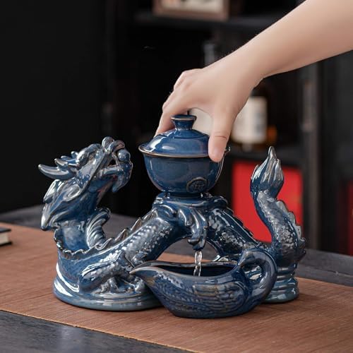 Zurucily Ceramic Teapot with Infuser Semi Automatic Tea Set Magic Teapot with 8 cups Gradient Color (Blue Dragon- A) - Image 2