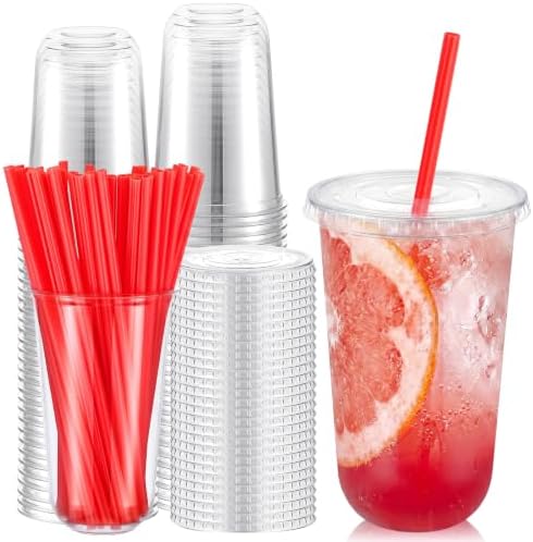 Ziliny 50 Sets 18 oz Clear Plastic Cups with Red Heart Straws and Lids by Ziliny