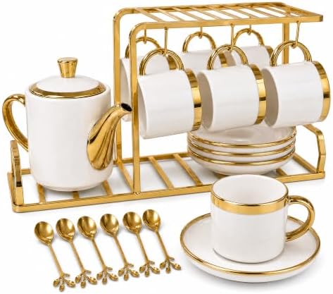 -Luxury 20-Piece White Porcelain Tea Set with Electroplated Gold Trim - Modern Ceramic Teapot, 6 Tea Cups, 6 Saucers, 6 Leaf Design Spoons & Gold Display Rack - Tea Party Set by LUMINORHOMES