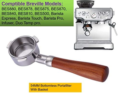 54mm Bottomless Portafilter Compatible with Breville Barista Express, Pro, Touch, Bambino, Infuser, Duo Temp Pro Espresso Machine Stainless Steel Portafilter Double Filter Basket-Wooden - Image 6
