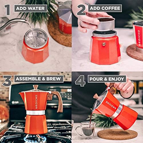 GROSCHE Milano Stovetop Espresso Maker Moka pot 6 espresso Cup - 9.3 oz, Red and 3 Replacement Seals Gaskets Bundle Stove top coffee maker Moka Italian espresso coffee maker and replacement gaskets - Image 6
