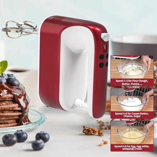 Yomelo 9-Speed Digital Hand Mixer Electric, 400W Powerful DC Motor, Hand Mixer Electric Handheld with Snap-On Storage Case, 5 Stainless Steel Accessories, Beaters, Dough Hooks, Whisk(Red/White) - Image 7