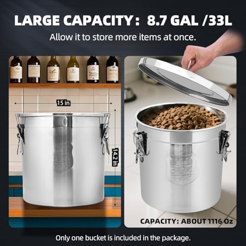 33L/8.7 Gal 304 Stainless Steel Containers with Lids 1116 Oz Airtight Containers with Lids and Lock Hole 304 Stainless Steel Container with Lid for Storage 304 Airtight Stainless Bucket - Image 2