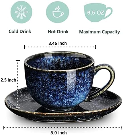 vicrays 6.5 oz Cappuccino Cups with Saucers, Set of 4, Ceramic Coffee Cup for Au Lait, Double shot, Latte, Cafe Mocha, Tea (Starry Blue) - Image 2