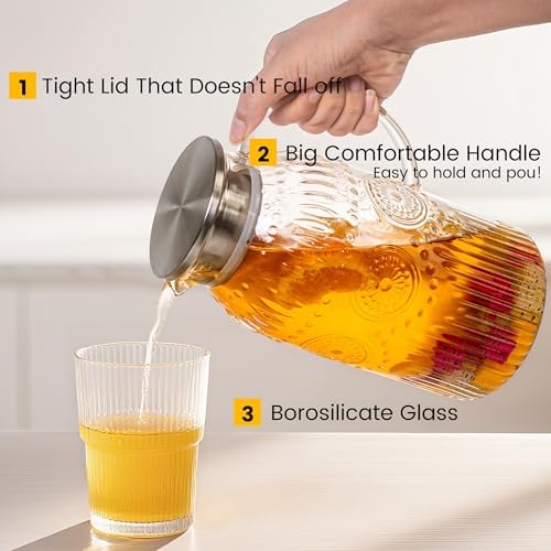 Bandesun Vintage Glass Pitcher with Lid, 101oz/ 3 Liter Water Pitcher with Handle for Fridge Heat Resistant Borosilicate Water Jug, Carafe for Hot/Cold Coffee, Tea,Beverage 1Pack - Image 2