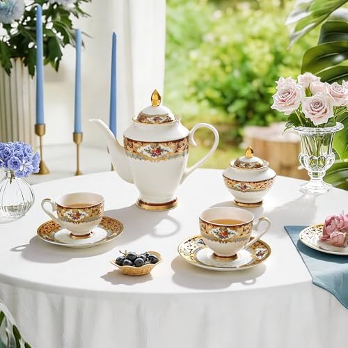 Luxury White & Gold Embossed Tea Cups and Saucers with Teapot, Sugar Bowl, & &Creamer, Vintage European Porcelain Coffee Set for Tea Party, Wedding, Gift (Red&Gold, 17pcs/set) - Image 2
