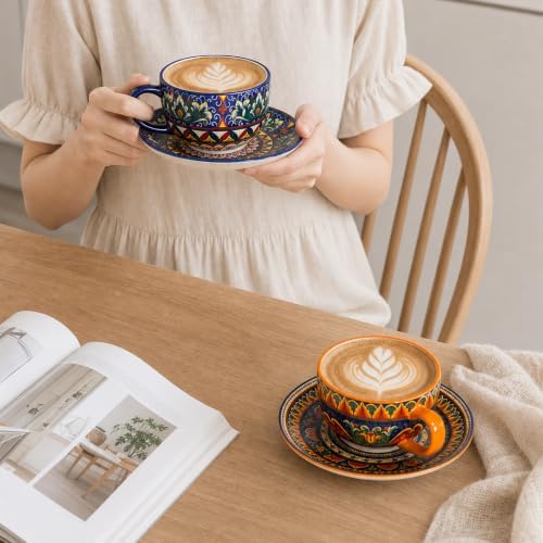Henten Home Ceramic 8.5 oz Tea Cup Set, Latte Cup with Saucers Set of 2 - Image 7