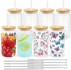 Joyclub Sublimation Glass Cups 8 Pack 16 oz Clear with Bamboo Lids by Joyclub
