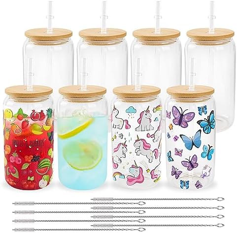 Joyclub Sublimation Glass Cups 8 Pack 16 oz Clear with Bamboo Lids by Joyclub