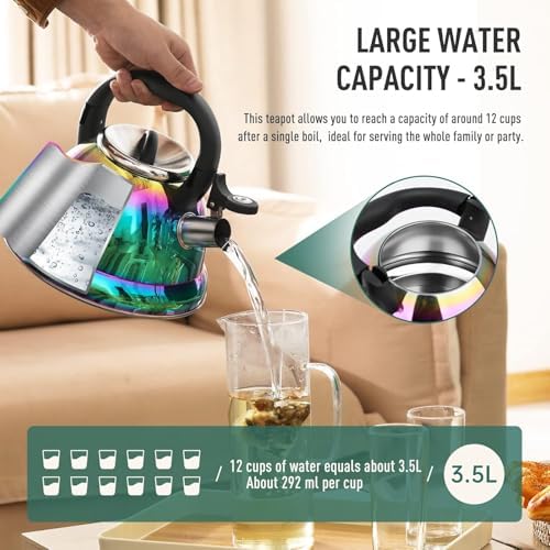 Tea Kettle, Kettle 3.7QT, Tea Pot Whistling 316 Stainless Steel, Tea Kettle Stovetop with Cool Folding Handle, Kettle Teapot Rainbow Induction for Boiling Water, Mirror Finish - Image 6