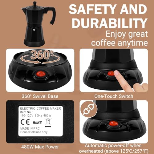 Electric Moka Pot, 3 or 6 Cup Espresso Coffee Maker, Black - Image 3