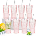 8 Set Vintage Tumbler with Lid and Straw, Iced Coffee Cup, Pink by Acellegic