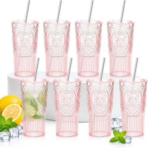 8 Set Vintage Tumbler with Lid and Straw, Iced Coffee Cup, Pink by Acellegic