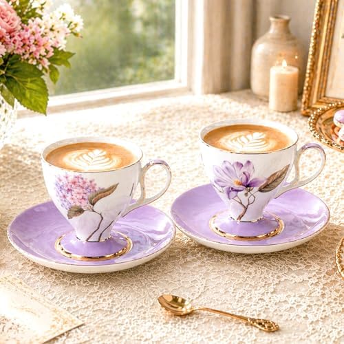 KAMMAK Tea Cups Set of 2,Ceramic Floral Pattern Demitasse Cup - Image 5