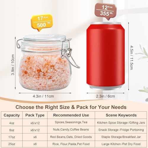 17oz Airtight Glass Jars, 6 Pack Clamp Lid Canisters, Small Food Storage Containers for Spices, Nuts, Snacks, Canning Jar for Jams & Pickling, Pantry Organization - Image 3