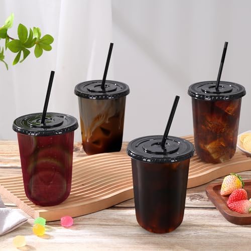 tchrules 100 Set 16oz Black Plastic Disposable Cups with Lids and Straws - Image 4