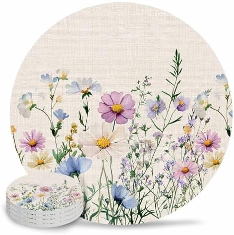 Coaster for Drinks 4 Pack,Watercolor Natural Blossom Floral Absorbent Round Ceramic Stone with Cork Base,Garden Flower on Linen Drink Coaster Cup Mats for Home Dining Coffee Tables by ZFUNCING