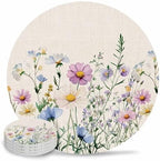 Coaster for Drinks 4 Pack,Watercolor Natural Blossom Floral Absorbent Round Ceramic Stone with Cork Base,Garden Flower on Linen Drink Coaster Cup Mats for Home Dining Coffee Tables by ZFUNCING