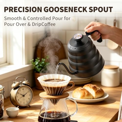 Gooseneck Kettle with Thermometer, Pour Over Coffee Kettle for Stovetop, Tea, Camping, 1200ml, Black - Image 2