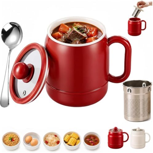 Multi-Function Portable Electric Stewing Cup, 27 Oz 6-in-1 Mini Cooker with Tea Filter Basket, 12H Keep Warm Timer and Smart Touch Control for Soup, Porridge, Rice, Milk, Noodles and Tea (Red) by Unknown