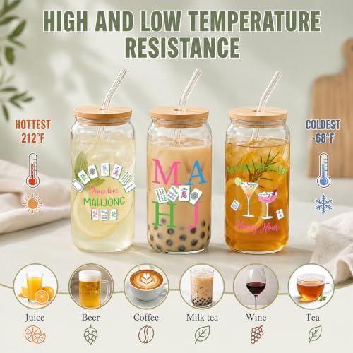 Glass Cups with Lids and Straws, 6Pack, 16oz, Mahjong Game - Image 4