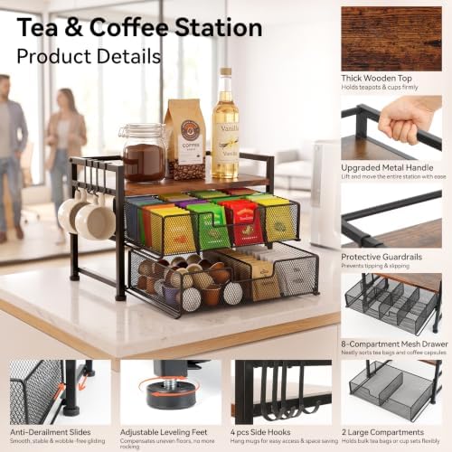Beslands Tea Bag Organizer & Coffee Station, Matcha Kit Storage, 2 Drawers Tea Bar Tea Box Kitchen Shelf for Countertop, Teabag holder with 4 Hooks, Matcha Tea Station - Image 4