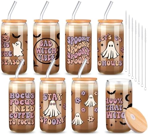 8 Pcs Halloween Ghost Glass Cups with Lids and Straws, 16 oz, Cute by RimCereal