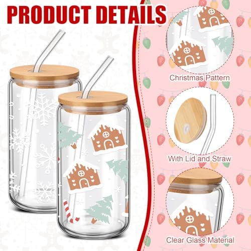 SiliFine 4 Pcs Christmas Glass Cups with Lids and Straws 16 oz - Image 4