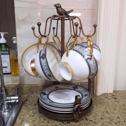 Coffee Mug Tree, Coffee Cup Holder for Countertop with 6 Hooks, Tea Cup Holder with Small Storage Area Metal Mug Rack Display for Counter Top Kitchen Organizer,Bronze - Image 2