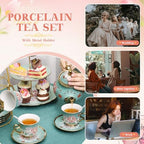 21 Pcs Porcelain Tea Set with 3 Tier Dessert Stand, Green, Summer - Image 5