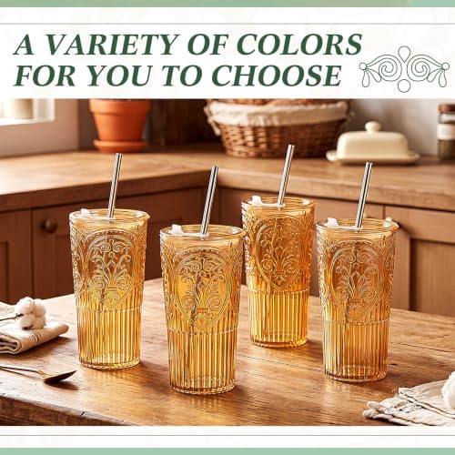 16 Set Vintage Tumbler with Lid and Straw, Iced Coffee Cup, Amber - Image 5