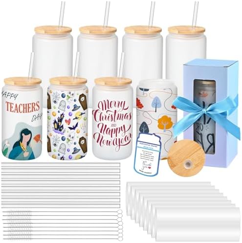 16oz Frosted Sublimation Glass Tumbler with Bamboo Lid, 8-Pack Set by MAFYE